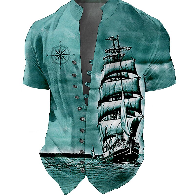 Men's Nautical Vintage Sailboat Shirt Button Up Shirt Short Sleeve Fashion Streetwear Designer Outdoor Vacation Daily Summer Spring Stand Collar Print Blue-Green Yellow Blue Fuchsia Green4