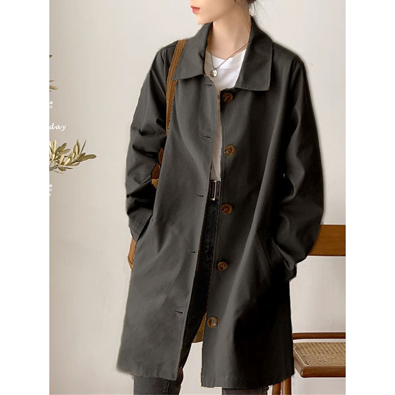 Women's Trench Coat Single Breasted Lapel Overcoat Fall Windproof Warm Jacket Streetwear Outerwear Long Sleeve Winter Jacket Black M2