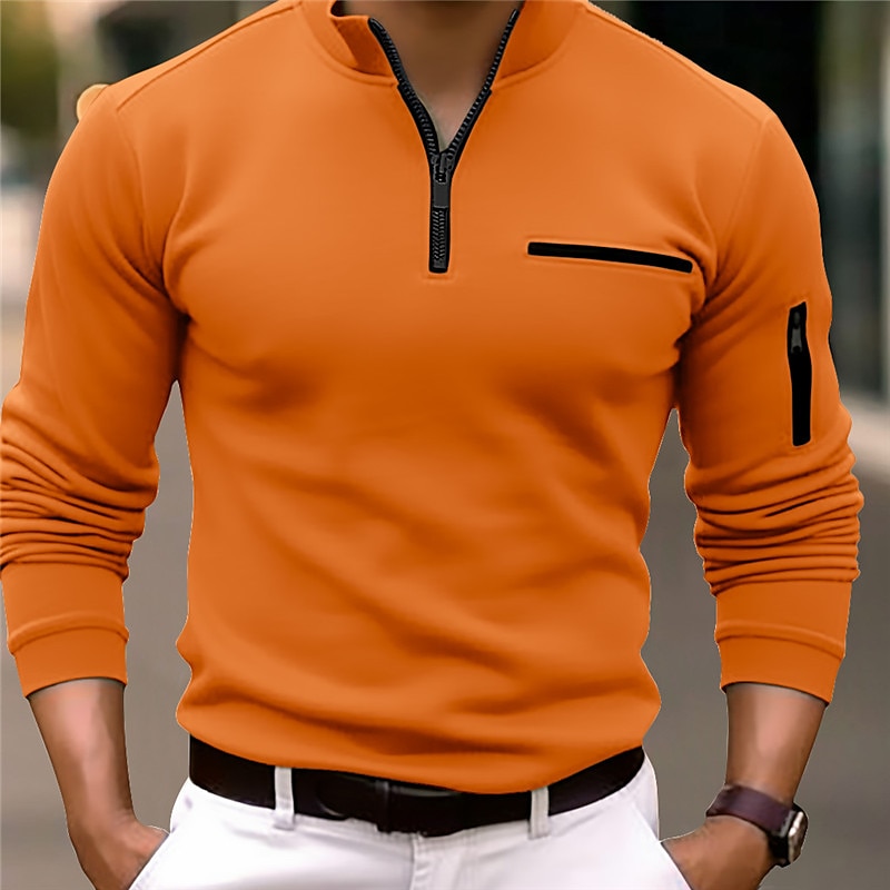 Men's Polo Shirt Pullover Sports Daily Wear Quarter Zip Long Sleeve Fashion Comfortable Plain Pocket Zip Up Spring &  Fall Regular Fit Black White Navy Blue Orange Polo Shirt