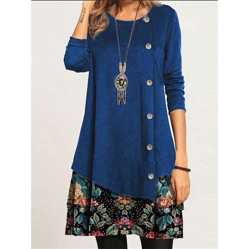 Women's Floral Button Print Crew Neck Mini Dress Daily Vacation Long Sleeve Spring Fall