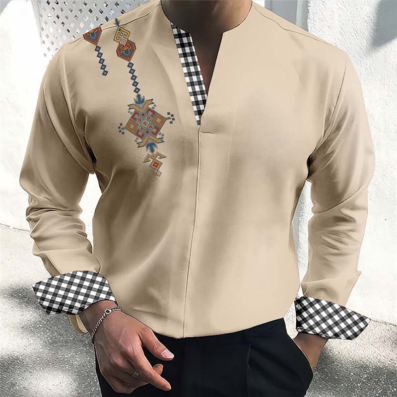 Men's Tribal Vintage Geometry Shirt Button Up Shirt Long Sleeve Fashion Streetwear Designer Outdoor Casual Daily Summer Fall V Neck Print Black Pink Blue Green Khaki4