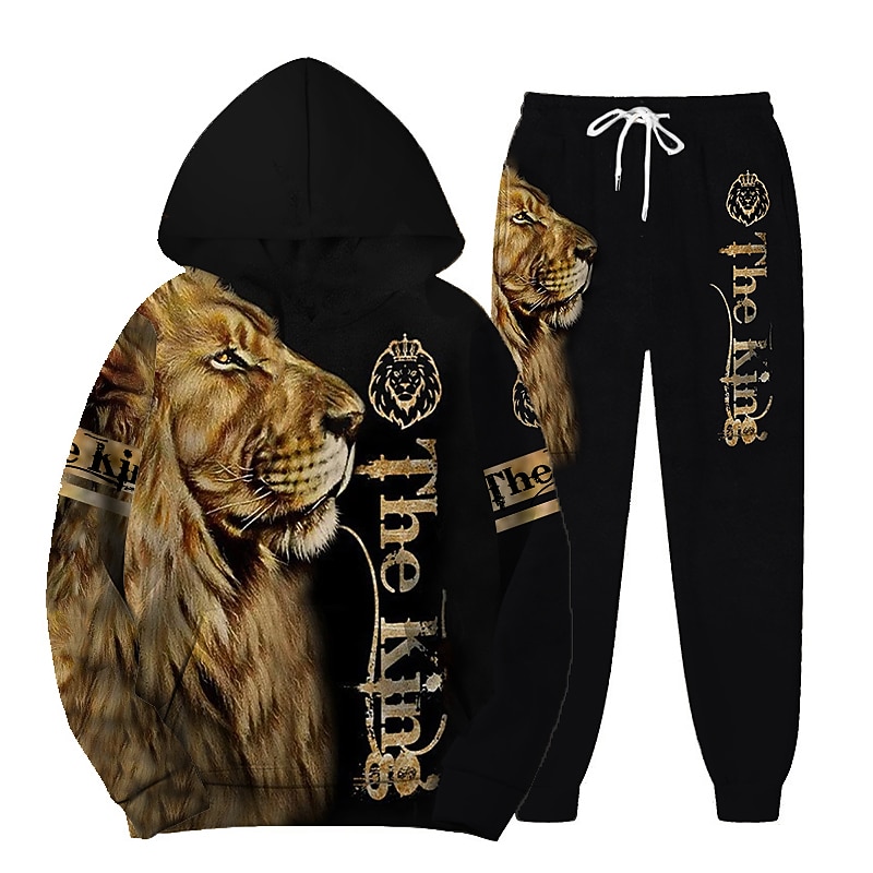 Men's Graphic Animal 2pcs 3D Sweatshirt Sets Tracksuit Hoodies Long Sleeve Long pants Hooded Streetwear Designer Basic Sports & Outdoor Casual Sports Print Spring Fall Brown