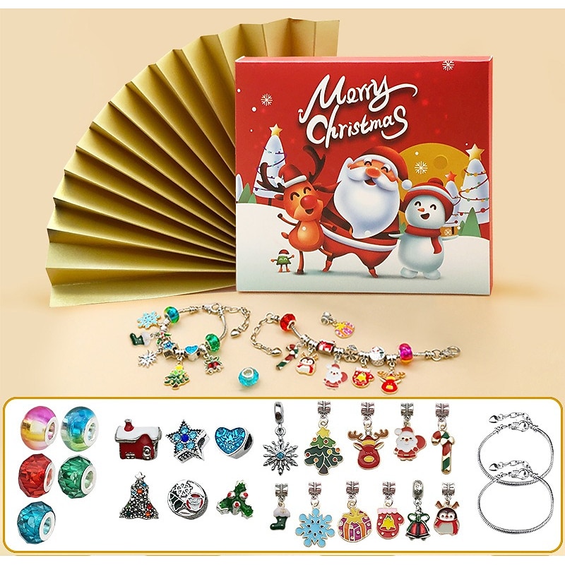 Christmas Advent Calendar Pink Bracelets 2025 for Girls 24 Days Xmas Countdown Calendar DIY Jewelry Making Kit Gift 22 Charm Beads 2 Bracelets for Kids Teens Women3