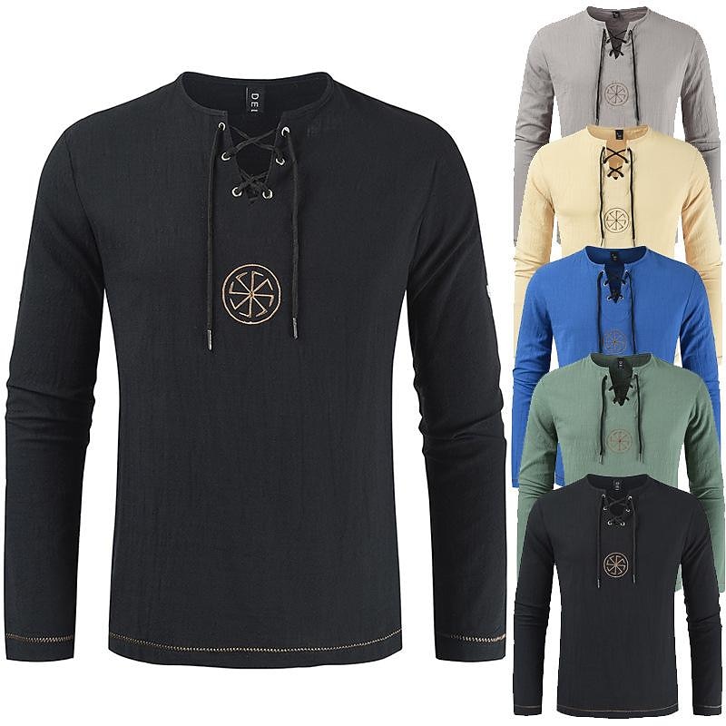 Medieval Renaissance 17th Century Medium Length Blouse / Shirt Cosplay Costume Vampire Pirate Knight Ritter Drawstring Embroidery Fancy Dress Men's Pirate Fantasy Halloween Masquerade Casual Daily