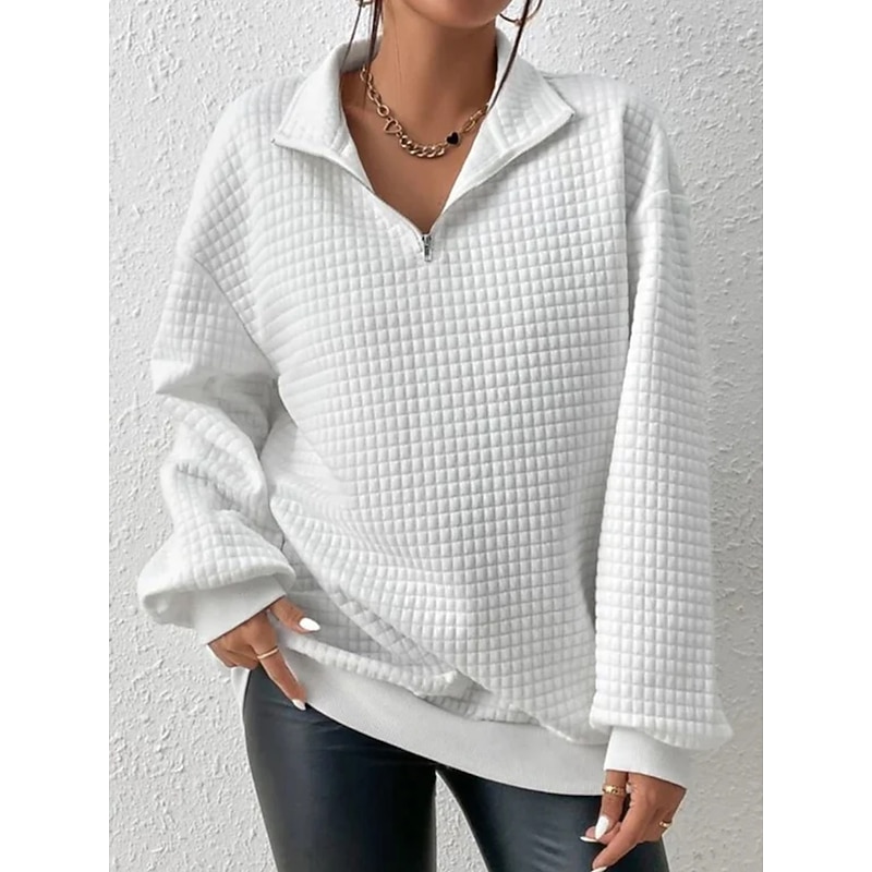 Women's Zip Up Sweatshirt Sweatshirt Pullover Sports Basic Textured Solid Color Street Casual V Neck Half Zip Quarter Zip Long Sleeve White Fall & Winter3