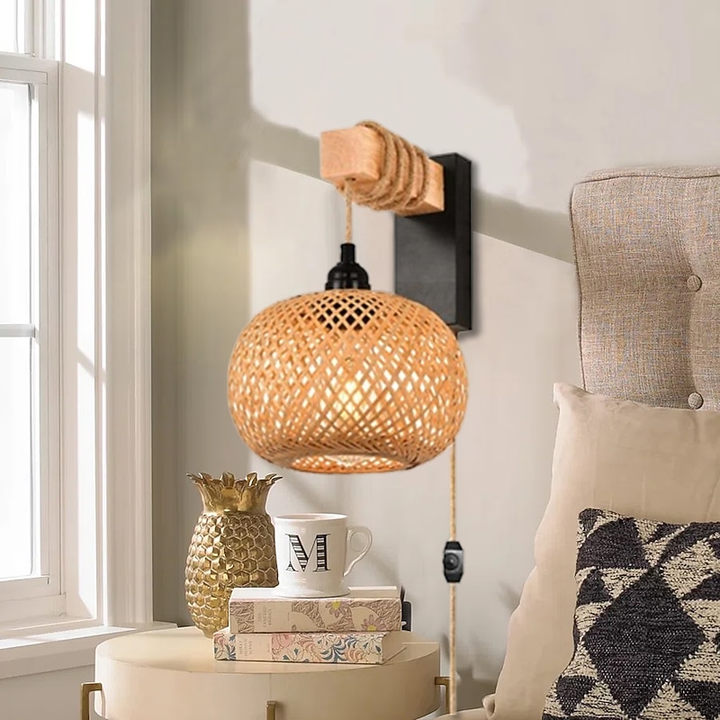 Plug-in Wall Light Rattan Wall Light - Wall Light with Plug Cord and Dimmable Switch Bedroom Living Room Wall Light Hemp Rope Cage Shape Wall Mount Light No Wiring Required 110-240V