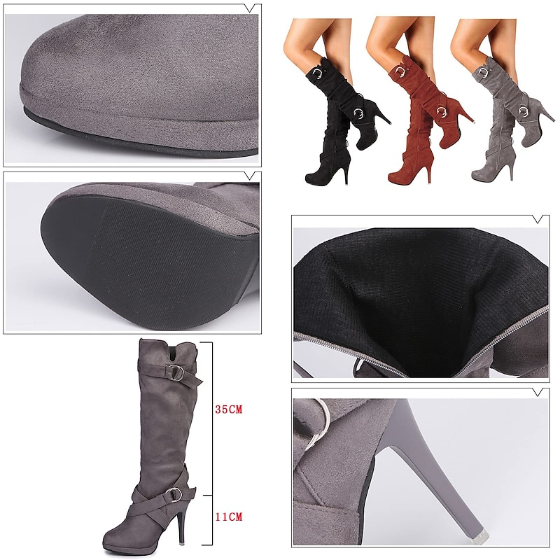 Women's Black Knee-High Stiletto Boots with Buckle Strap Detail, Elegant High Heel Boots for Formal and Casual Wear4