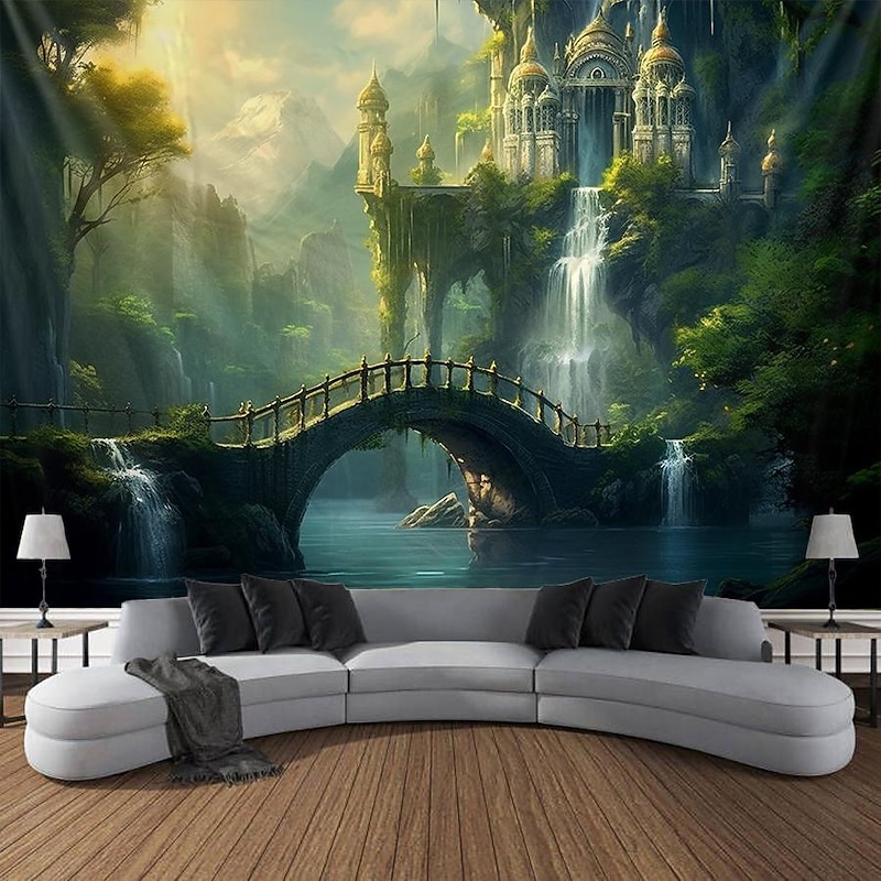 Fairytale Castle Hanging Tapestry Waterfall Wall Art Large Tapestry Mural Decor Photograph Backdrop Blanket Curtain Home Bedroom Living Room Decoration