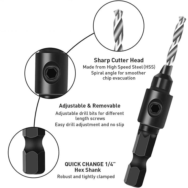 5pcs Woodworking Countersink Drill Bit Set, With 1/4" Hex Shank For DIY Woodworking With One L-Wrench #5 #6 #8 #10 #124