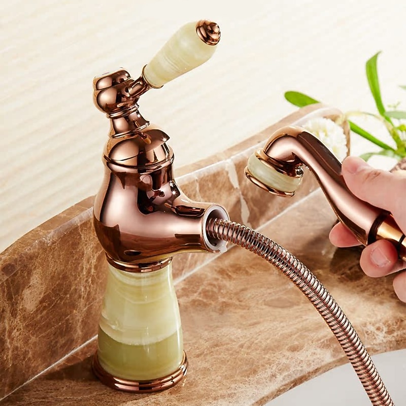Traditional Bathroom Faucet Pull Out Basin Sink Mixer Taps Short/Tall, Vintage Brass Vessel Taps Ceramic Single Handle, with Cold and Hot Hose3