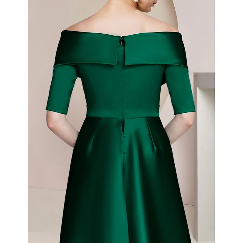 Sheath Mother of the Bride Dress Formal Wedding Guest Elegant Party Off Shoulder Floor Length Satin Half Sleeve with Ruching 5