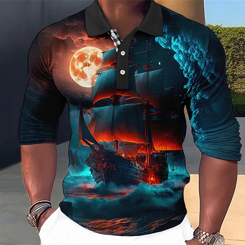 Men's Haunted Pirate Ship Polo Shirts Golf Shirt Long Sleeve Polo Shirts Collared Shirts Vintage Casual Vacation Wear Boat Wear Party Outfits 3D Print Buttons Red Royal Blue Blue