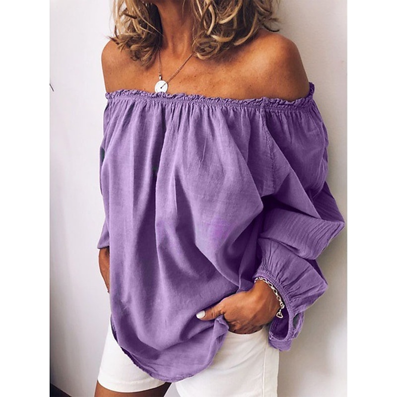 Women's Shirt Blouse Long Cotton Top Cotton Linen Shirts Plain Daily Basic Long Sleeve Off Shoulder Regular Tops Casual Yellow Army Green Red Blue Purple Fall & Winter4