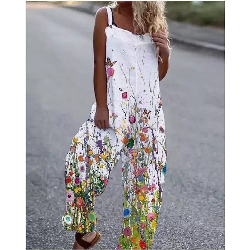 Women's Jumpsuit Button Print Floral Cold Shoulder Ordinary Street Going out Wide Leg Loose Fit Sleeveless Sleeveless Black White Yellow S M L Summer2