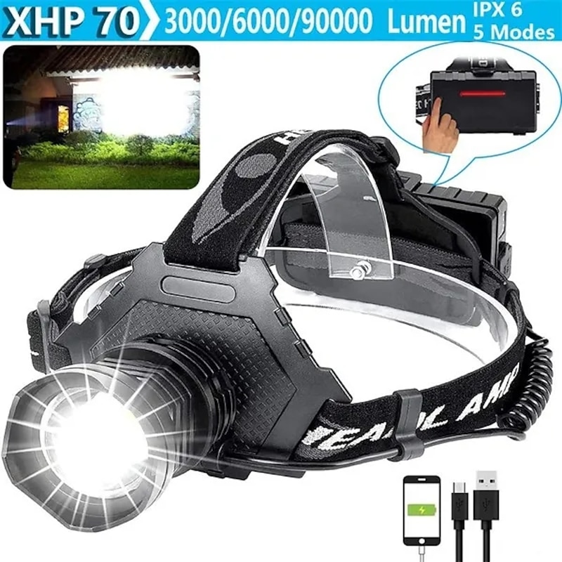 LED Rechargeable Headlamp 3000/6000/90000 High Lumen, XPH70 Brightest LED Work Headlight Zoomable, Waterproof, 90° Adjustable, 5 Modes Lightweight Head Lamp for Adult Camping,  ,explore，Riding