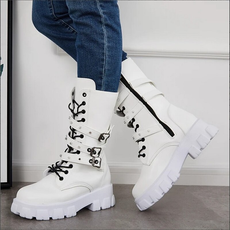 Women's White Combat Boots - Stylish Chunky Platform Lace-Up Boots with Buckle Straps and Side Zipper2