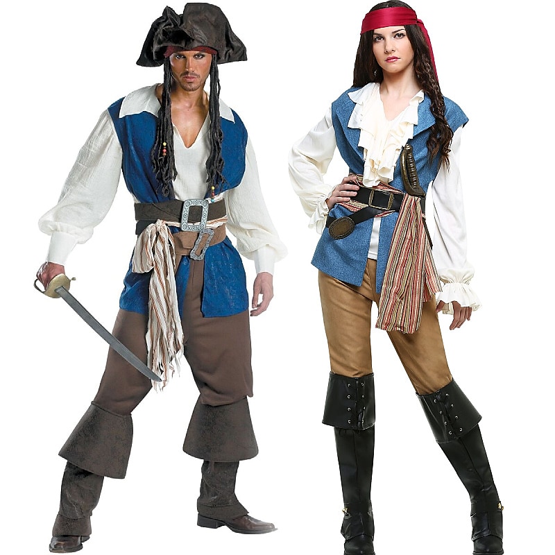 Couples Pirate Halloween Group Couples Costumes Men's Women's Movie Cosplay Cosplay Costumes Blue Vest Top Pants Halloween Carnival Masquerade - Main Image