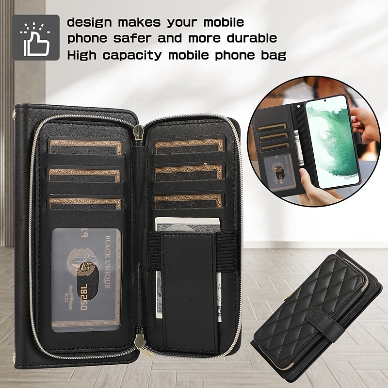 Phone Case For Samsung Galaxy S25 S24 S23 S22 S21 FE S21 Ultra Plus A54 A53 S20 A32 Handbag Purse Wallet Case Zipper with Removable Cross Body Strap with Wrist Strap Retro Geometric Pattern TPU PU2