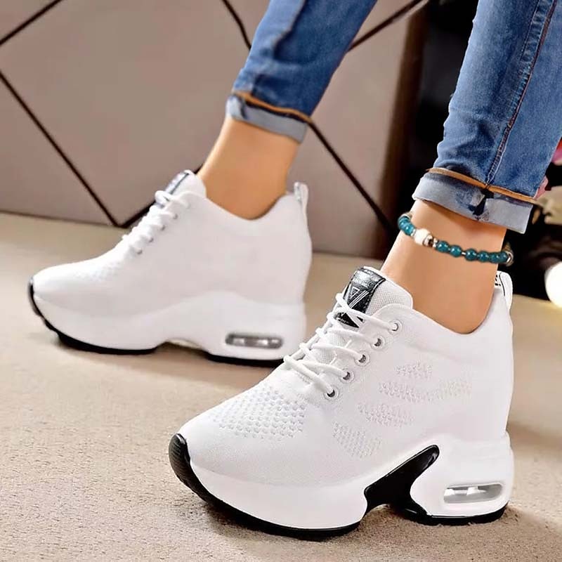 Women's White Platform Knit Sneakers with Air Cushion Sole and Lace-Up Design, Lightweight Walking Shoes for Fitness, Travel and Casual Outfits