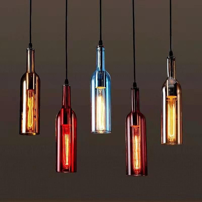 LED Glass Bottle Pendant Light Hanging Beer Bottle Lights Glass Pendant Lamp, Vintage Bar Pendant Light Industrial Retro Pendant Light for Cafe Clothing Shop Bar Counter Color Ceiling Lights 110-240V