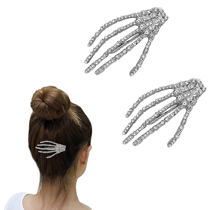 Hair Barrettes Halloween Hair Accessories for Women Girls Silver Skeleton Hand Hair Clips Punk Horror Bone Hair Clip Barrettes for Party Cosplay 2pcs