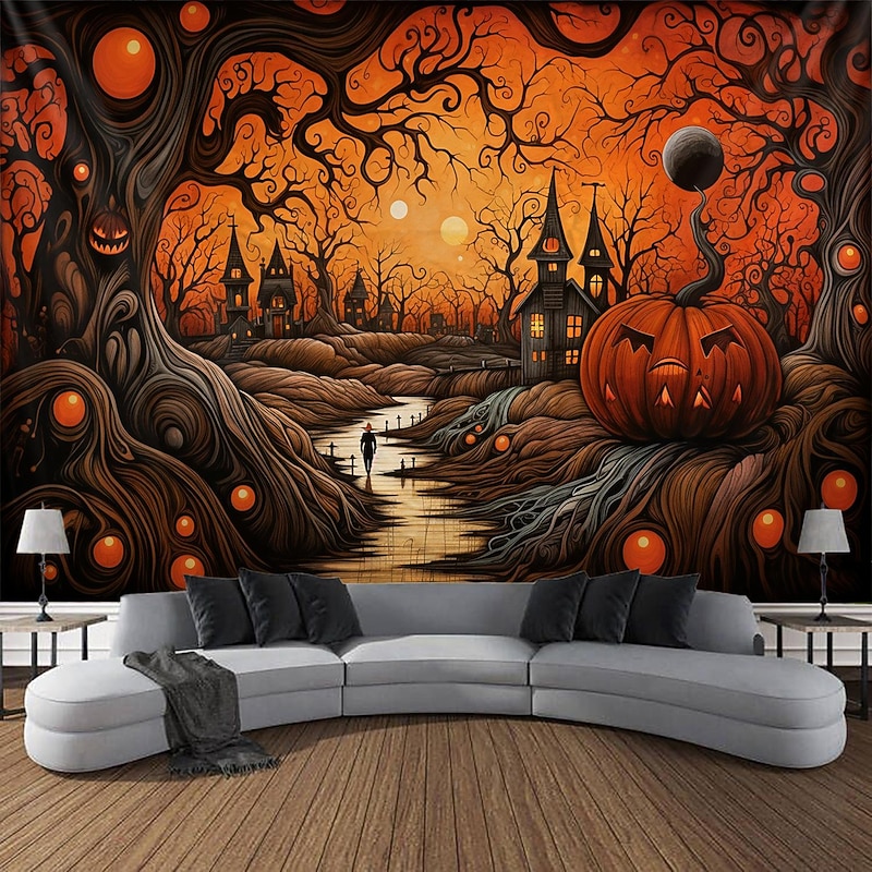 Halloween Decorations Tapestry Jack O Lantern Pumpkin Decor Wall Art Large Hanging Tapestry Mural Decor Photograph Backdrop Blanket Curtain Home Bedroom Living Room Skeleton Death