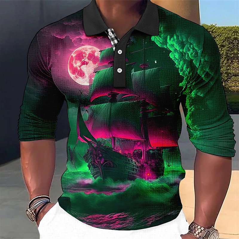 Men's Haunted Pirate Ship Polo Shirts Golf Shirt Long Sleeve Polo Shirts Collared Shirts Vintage Casual Vacation Wear Boat Wear Party Outfits 3D Print Buttons Red Royal Blue Blue2