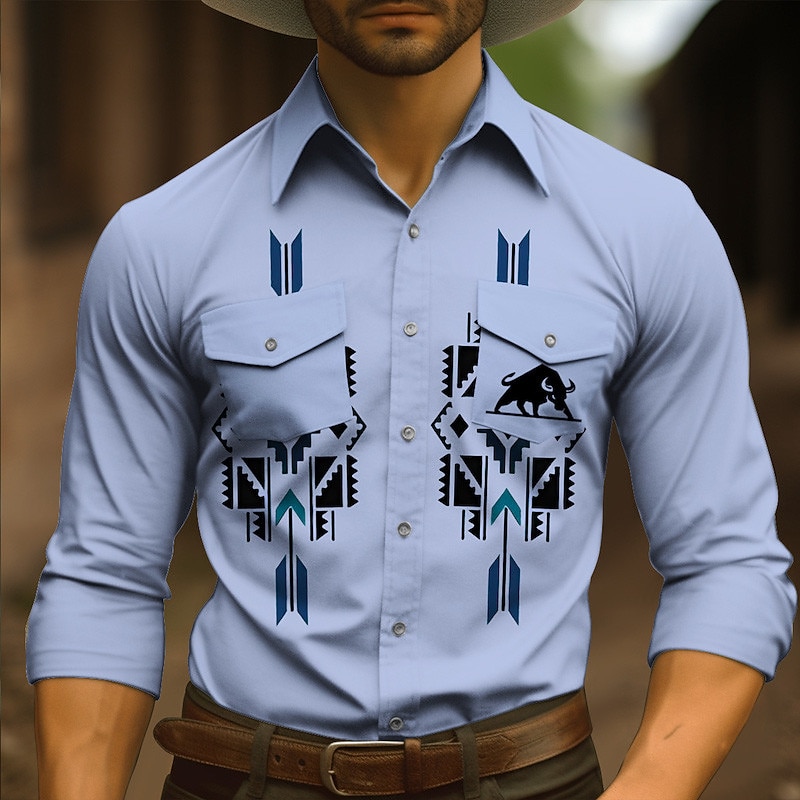Men's Tribal Graphic Prints Vintage Shirt Western Shirt Cowboy Shirt Long Sleeve Fashion Streetwear Designer Outdoor Daily Fall & Winter Turndown Print Blue Khaki3