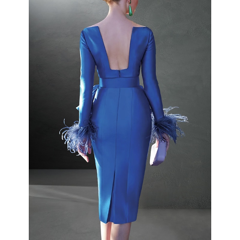 Sheath Cocktail Dresses Elegant Dress Formal Fall Knee Length Long Sleeve V Neck Belt / Sash Stretch Fabric with Feather Ruffles Race Day Dress free custom size3