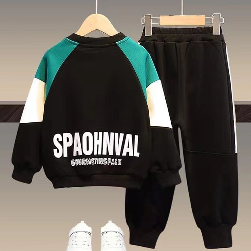 2 Pieces Kids Boys Hoodie & Pants Sweatshirt & Pants Clothing Set Outfit Color Block Letter Astronaut Long Sleeve Pocket Set School Sports Fashion Daily Fall Winter 7-13 Years Black Navy Blue Gray4
