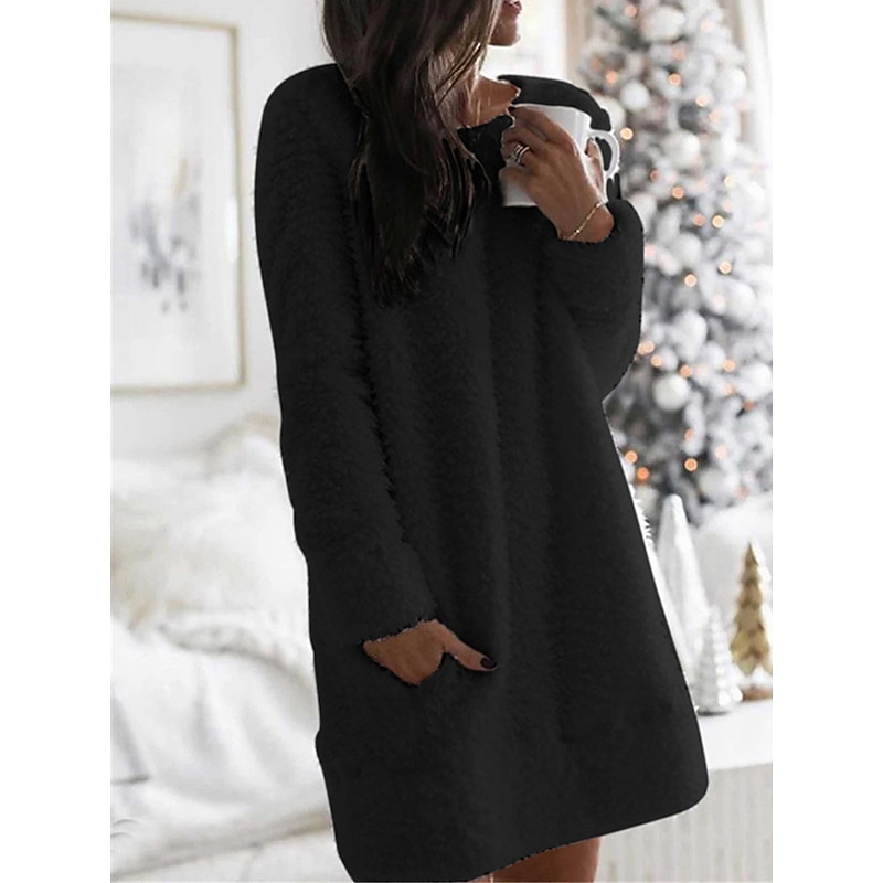 Women's Sweater Dress Stylish Soft Solid Color Fuzzy Crew Neck Pocket Long Sleeve Knit Home Daily Black White Fall Winter3