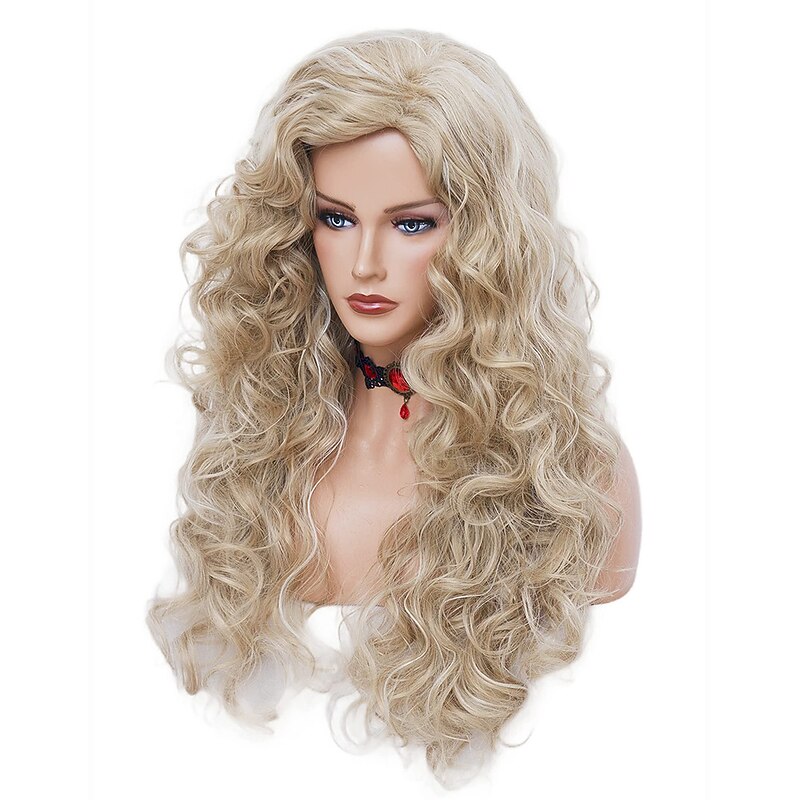 Long Wavy Wigs 28 Inches Natural Beige Mixed Blonde Synthetic Kinky Curly Hair Wig for Women Halloween Cosplay Party Wigs3