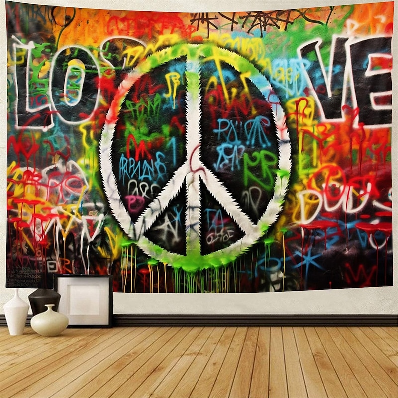 Hippie Groovy Hanging Tapestry Wall Art Large Tapestry Mural Decor Photograph Backdrop Blanket Curtain Home Bedroom Living Room Decoration Peaceful Love 1950s 1960s Music Festival Woodstock Party