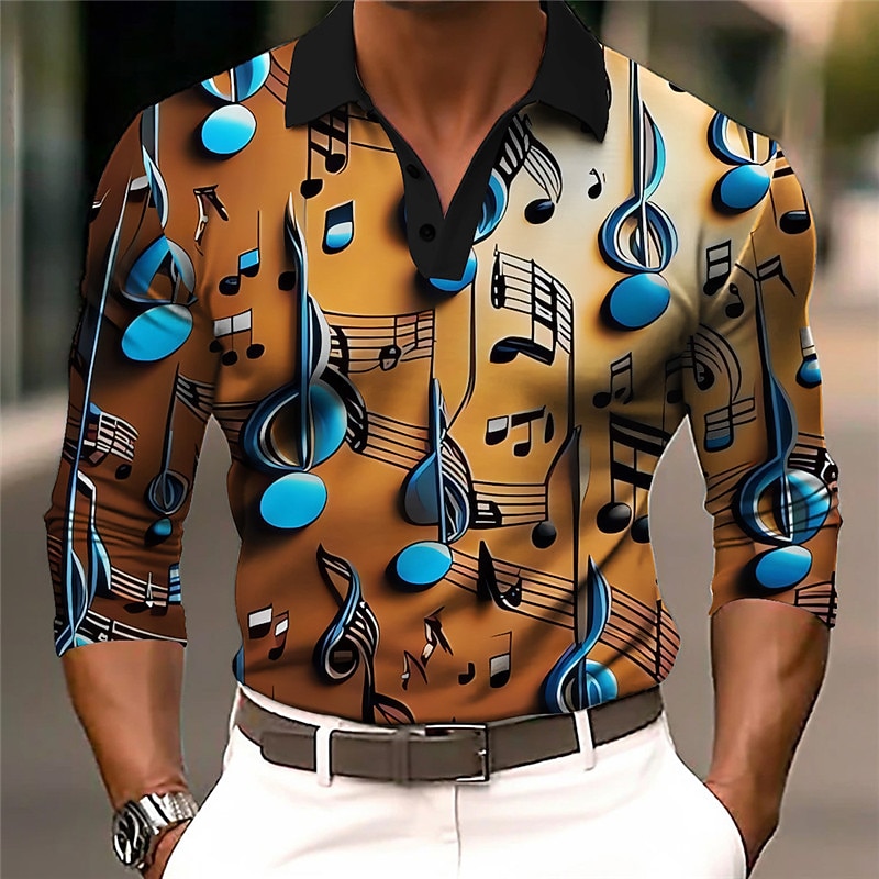 Music Festival Men's Music Polo Shirts Golf Shirt Long Sleeve Polo Shirts Collared Shirts Casual Vacation Wear Festival Wear Party Outfits 3D Print Buttons Fall & Winter Brown Gray