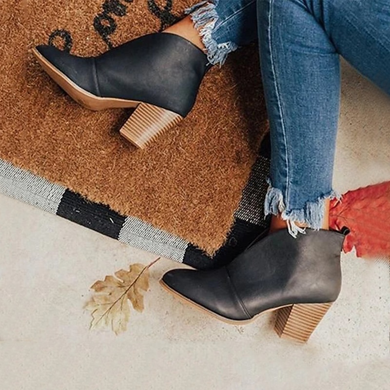 Women's Black Ankle Boots – Trendy V-Cut Slip-On Booties with Chunky Block Heels for Casual & Fall Outfits2