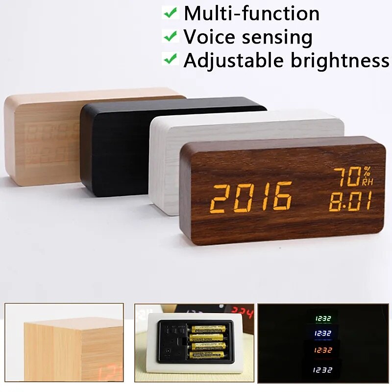Wooden Alarm Clocks LED Digital Clock Electronics Mute Snooze Horloge Temperature and Humidity Display Desk Bedroom Decoration2