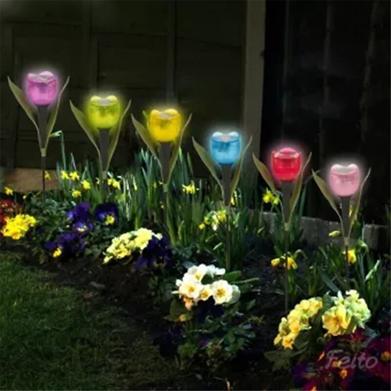 Garden Tulip Flower Shape Led Solar Powered Waterproof Tube Lawn Lights Decoration For Yard Outdoor Party Supplies2