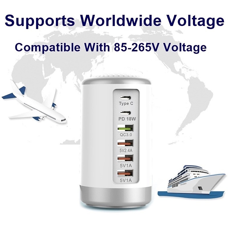6 Port Desktop Charger, 65W USB Hub Charging Station (3 x USB+Type C+QC3.0+PD 18W), Multi-Port Charger Hub Desktop Charging Station, Fast Wall Charger Compatible with Smart Phones, Tablets and More4
