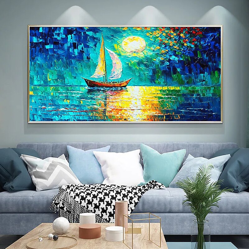 Oil painting hand-painted Wall artAbstract Knife PaintingSea view BlueHome DecorationRolled Canvas Frameless And Unstretched