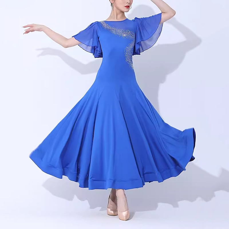 Ballroom Dance Dress Pure Color Splicing Women's Performance Party Short Sleeve Mesh Spandex Milk Fiber