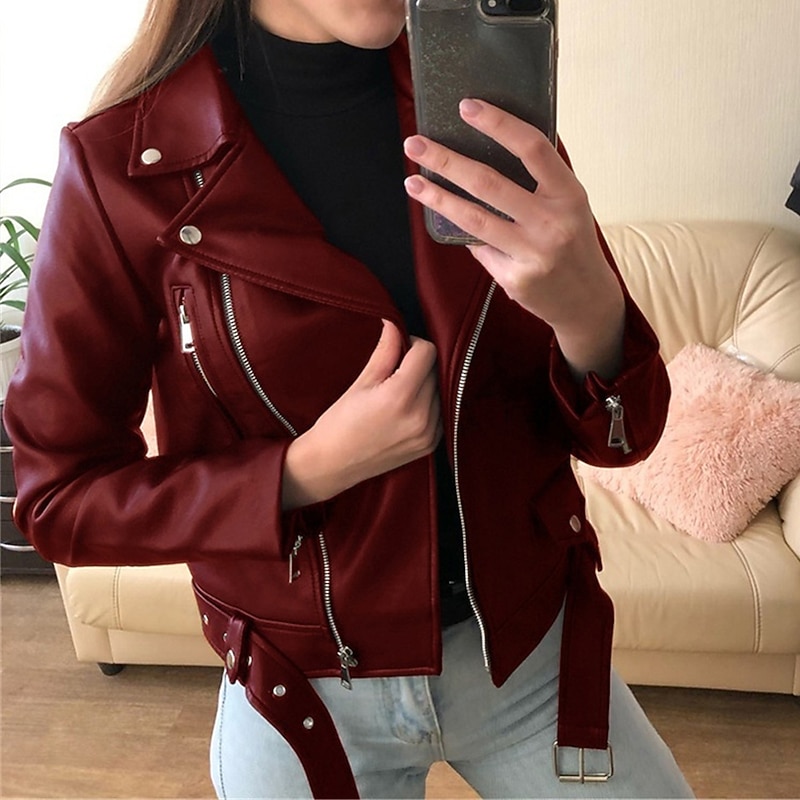 Women's Faux Leather Jacket Full Zip Motorcycle Jacket Moto Biker Coat Waterproof Streetwear Regular Fit Outerwear With Belt Long Sleeve Fall Black2