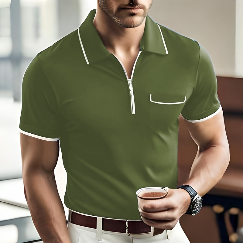 Men's Polo Shirts Zip Polo Casual Holiday Lapel Quarter Zip Short Sleeve Fashion Basic Plain Quarter Zip Summer Regular Fit Black Dark Navy Orange Green Gray Polo Shirts 5