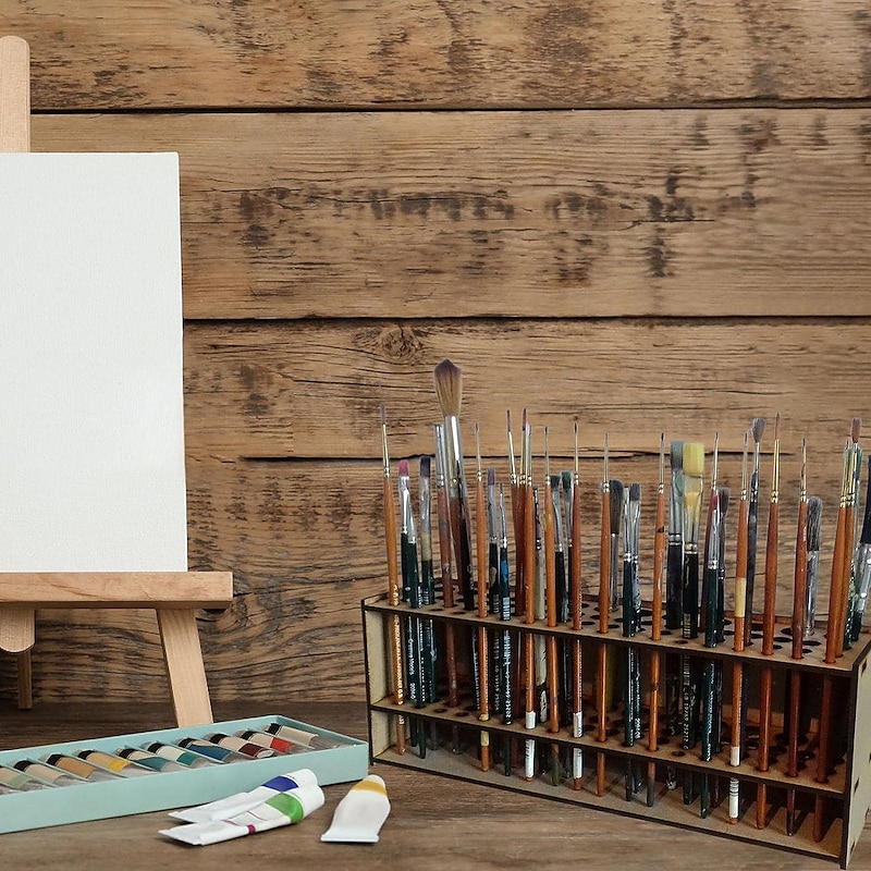 Wooden Brush Holder, Paintbrush Holder, Painting Pen Storage Rack, Desk Stand & Brush Holder Organizer, For Different Size Pens, Paint Brushes, Colored Pencils (Not Including Marker)2