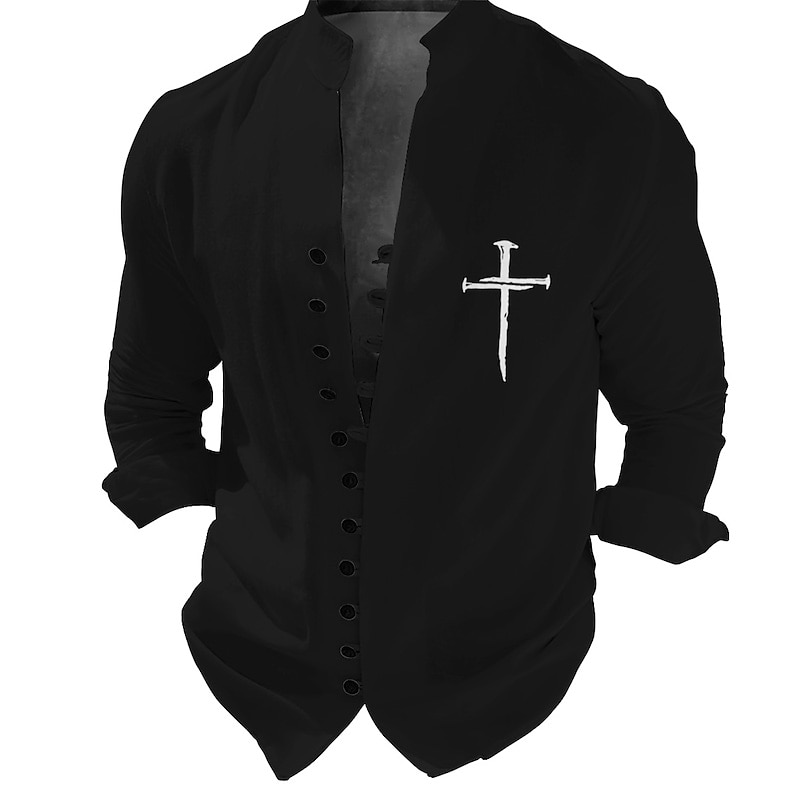 Men's Cross Shirt Button Up Shirt Short Sleeve Fashion Streetwear Designer Outdoor Vacation Daily Summer Spring Stand Collar Print Black White Green Khaki3