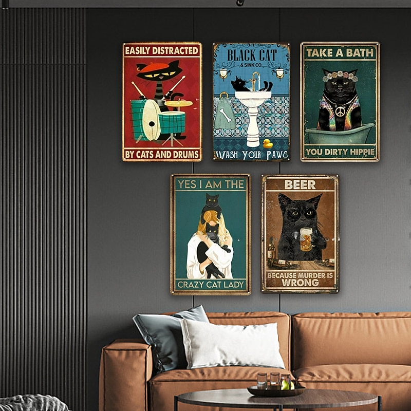1pc Retro Metal Tin Sign Cute Cat Tin Sign Vintage Kitchen Signs Wall Decor, Painting Wall Hanging for Home Decor Wall Art Metal Tin Sign 20x30cm/8''x12''2