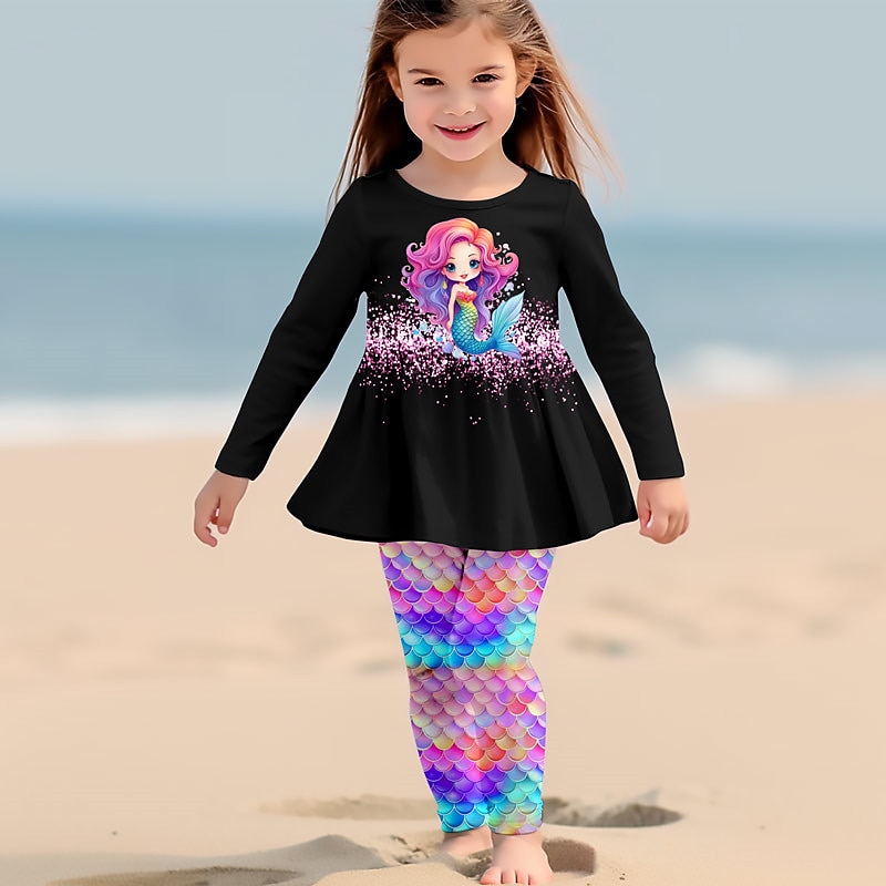 Girls' 3D Graphic Cartoon Mermaid T-shirt & Pants Dress Set Clothing Set Long Sleeve 3D Print Summer Fall Winter Active Fashion Daily Polyester Kids 3-12 Years Outdoor Date Vacation Regular Fit3