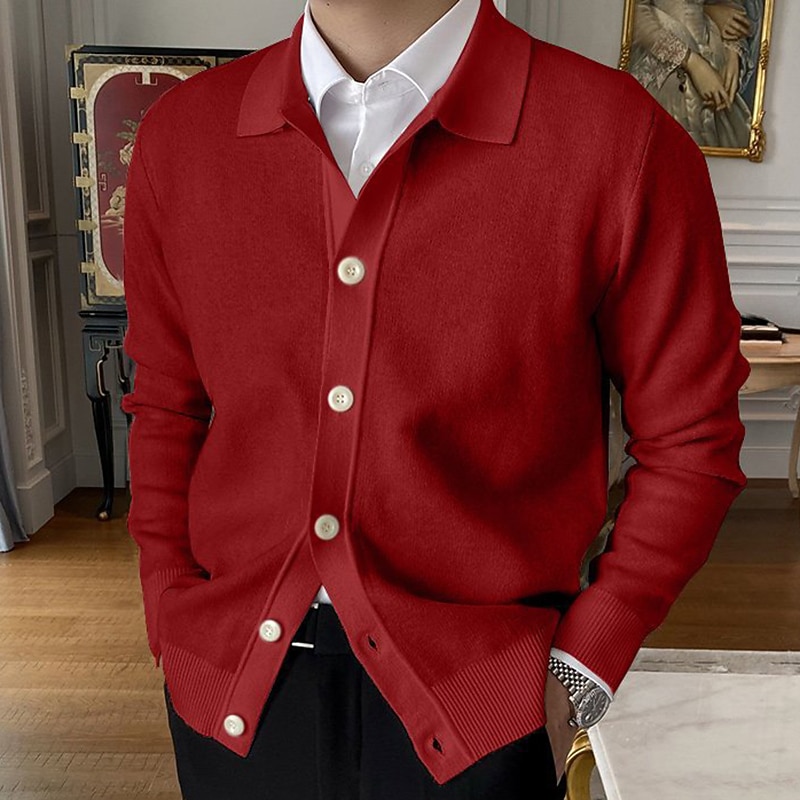 Men's Cardigan Sweater Fall Sweater Cropped Cardigan Sweater Ribbed Knit Regular Knitted Plain Lapel Warm Ups Modern Contemporary Daily Wear Going out Clothing Apparel Winter White Red M L XL3