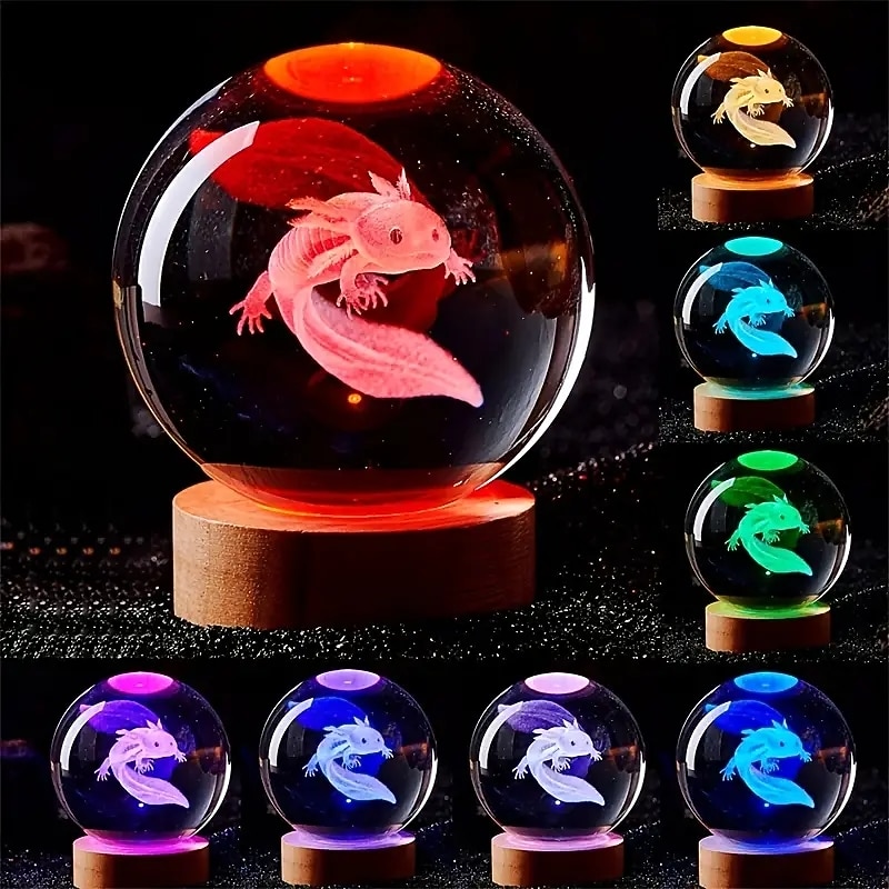 3D Axolotl Laser Engraved Crystal Ball Lamp Multi-coloured Night Light Send To Girlfriend Classmate Wife Children Creative Birthday Gift Glass Ball Living Room Bedroom Home Decoration