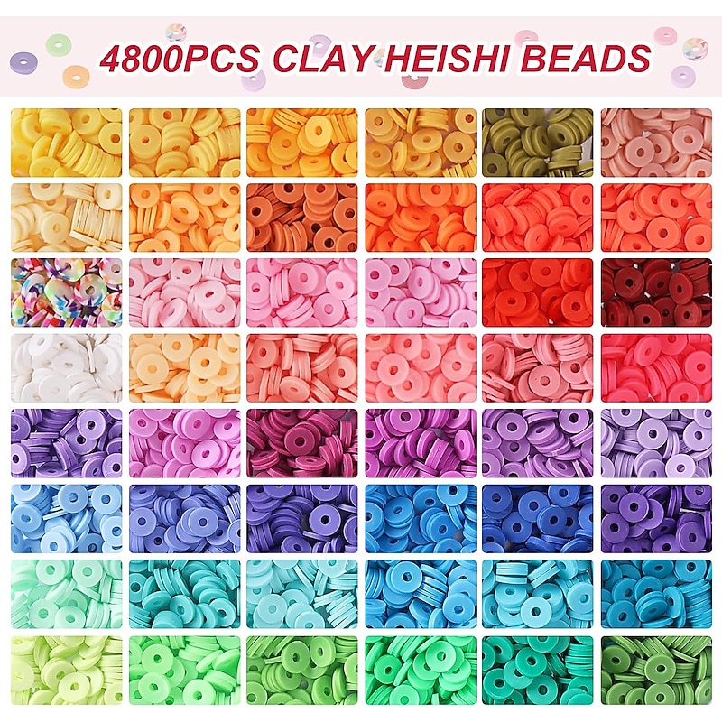4800pcs Clay Beads for Bracelet Making Kit 48 Colors Flat Round Polymer Clay Spacer Heishi Beads for Jewelry Making, for Girls 8-12, Preppy, Gift Pack2