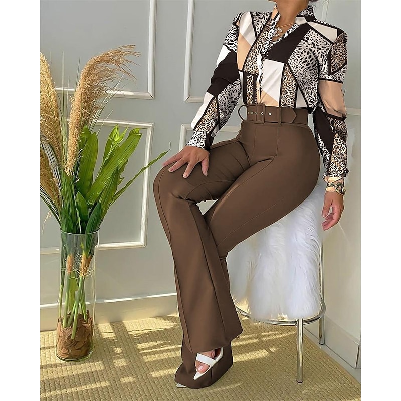 Women's Daily Business Neon & Bright Shirt Office Suit Pants Sets Dress Pants Pants Trousers Long Sleeve Stand Collar Floral Leopard Letter Print Work Daily Black Yellow Pink Fall & Winter Regular Fit4